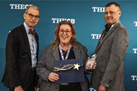 The Texas Higher Education Coordinating Board honored South Plains College with a 2025 Star Award for innovating its coursework with open educational resources and artificial intelligence during the Higher EDge 2025 conference in December at the AT&amp;T Hotel and Conference Center in Austin. Pictured from the left are THECB Commissioner Dr. Wynn Rosser, SPC Instructional Designer Heather Medley and SPC Industrial Technology Department Chair Jimmy Stratton. (Photo courtesy of THECB)