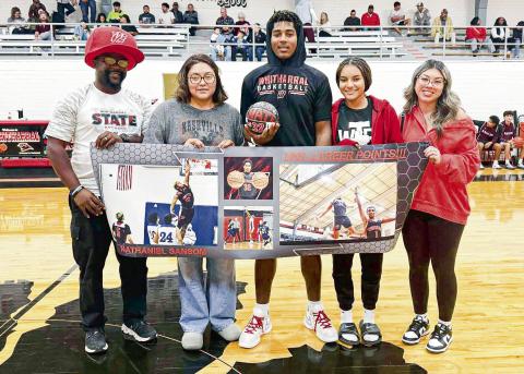 1,000 CAREER POINTS FOR SANSOM - Whitharral senior center Nathaniel Sansom scored his 1,000th career point during their basketball game against Roosevelt on Nov. 25 at Whitharral High School. The Panthers would win the game 60-43 and move to 1-1. (Photo provided by Pete Christy Facebook)