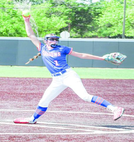 IMPACT PLAYER - Sundown Roughette Breigh Gregory delivers a pitch in game two of their playoff softball series against Muenster this past Saturday at Abilene Christian University. Gregory finished the series with eight runs-batted-in and a win on the mound. (Staff photo by Jentezen Smith)