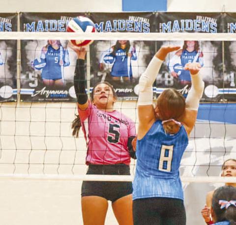 SWEEP - Levelland Loboette Allison Monge tipped the ball over the net against the San Angelo Lake View Maidens this past Tuesday on the road in their district matchup. (Staff photo by Aalijah Soliz)