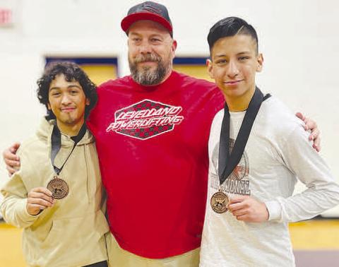 STATE QUALIFIER- Levelland Powerlifting Coach Mike Brogden shared that RJ Lopez and Nathan Rendon will be moving on to the State Powerlifting Meet on the 24th in Abilene. Pictured from left to right are Nathan Rendon, Head Coach Mike Brogden and RJ Lopez. (Photo Courtesy of Cristal Isaacks)