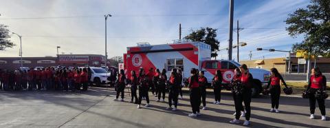 LISD KICKS OFF SEASON OF GIVING - As the Hockley County Salvation Army unit hosted their annual Red Kettle Kick-Off Tuesday. Levelland ISD showed their support with the LHS Choir, Drum Line and Cheer Team were in attendance. The LHS Choir sang Christmas songs while the LHS Cheer Team performed several cheers. The LHS Drum Line also performed during the event. Community members in attendance were given small Salvation Army bells to spread awareness and community cheer. (Staff photo by Dom Puente)