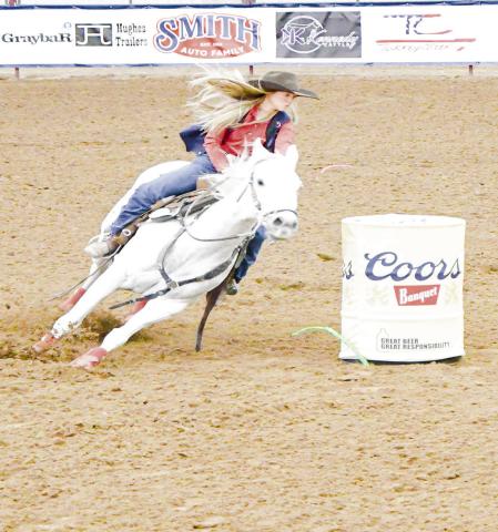 BARREL RACING - SPC’s Keely Pharr competes in the barrel racing during the SPC Rodeo at the Mallet Event Center &amp; Arena this past Saturday. (Staff photo by Jentezen Smith)