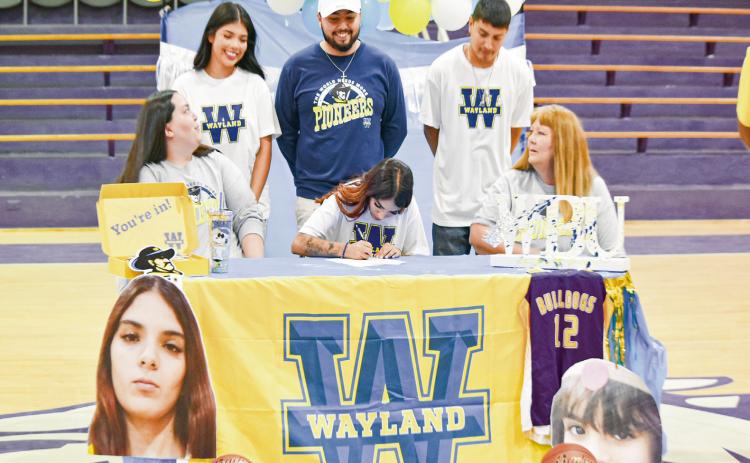 MANCIAS SIGNS WITH WAYLAND - Anton Lady Dawg Alyssa Mancias recently committed to Wayland Baptist to play collegiate basketball surrounded by her family and friends in the Anton High School gym. The Wayland Baptist Flying Queens play in NAIA Division 1 and are in the Sooner Athletic Conference. They finished 2026 at 12-16 overall and 11-11 in conference play. (Photo provided by Anton ISD)