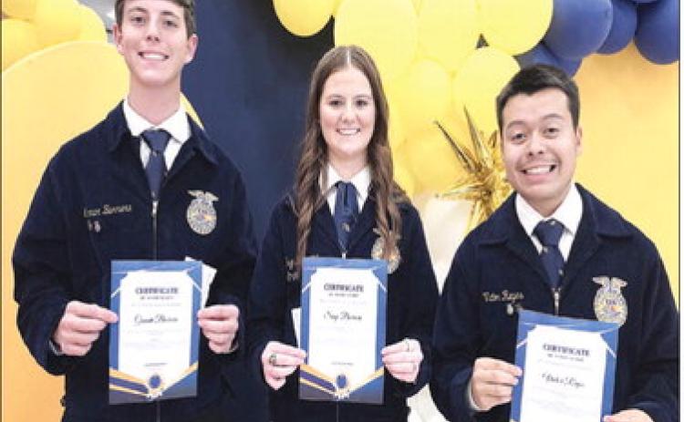 FFA SENIOR SCHOLARSHIPS— Levelland ISD held their FFA end of year honors banquet this past Tuesday. Pictured are Gunnar Barrera, Sage Barerra and Victor Reyes. (Levelland ISD photo)