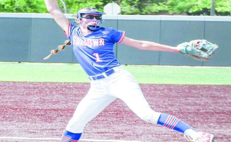 IMPACT PLAYER - Sundown Roughette Breigh Gregory delivers a pitch in game two of their playoff softball series against Muenster this past Saturday at Abilene Christian University. Gregory finished the series with eight runs-batted-in and a win on the mound. (Staff photo by Jentezen Smith)